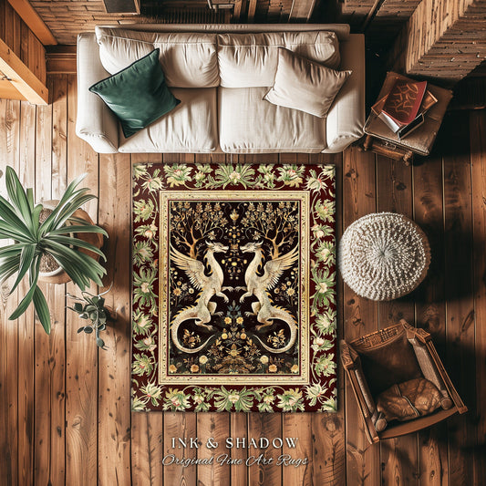 Dark Whimsy Dragon Lovers Rug Fantasy Decor | Enchanted Aesthetic Fairycore Gifts Mythical Decorative Carpet Dragon Art Fairy Tale Area Rug