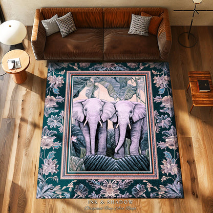 Pastel Botanical Elephant Rug | Jungle Aesthetic Victorian Gothic Cute Pink Elephant Woodland Ethereal Home Decor Eclectic Maximalist Room |