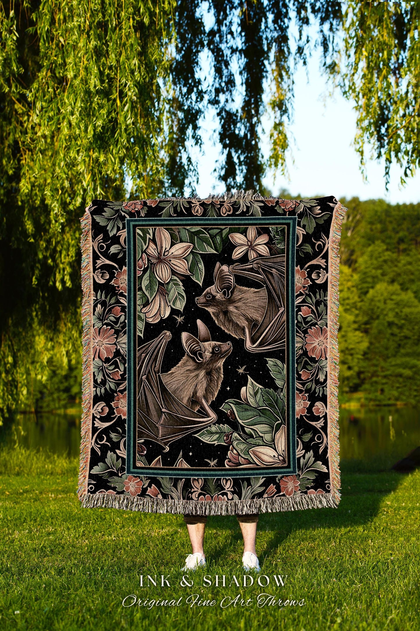 Botanical Vintage Bat Tapestry Blanket Woven Wall Hanging | Bat Decor Dark Academia Room Decor Goth Tapestry Woven Throw Blanket Whimsigoth