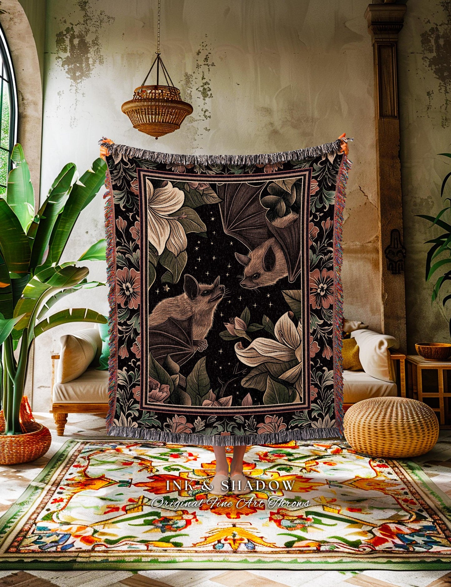 Vintage Aesthetic Bat Blanket Woven Throw Dark Cottagecore Decor | Goth Tapestry Vintage Bat Lovers Dark Botanical Woven Wall Art Whimsical