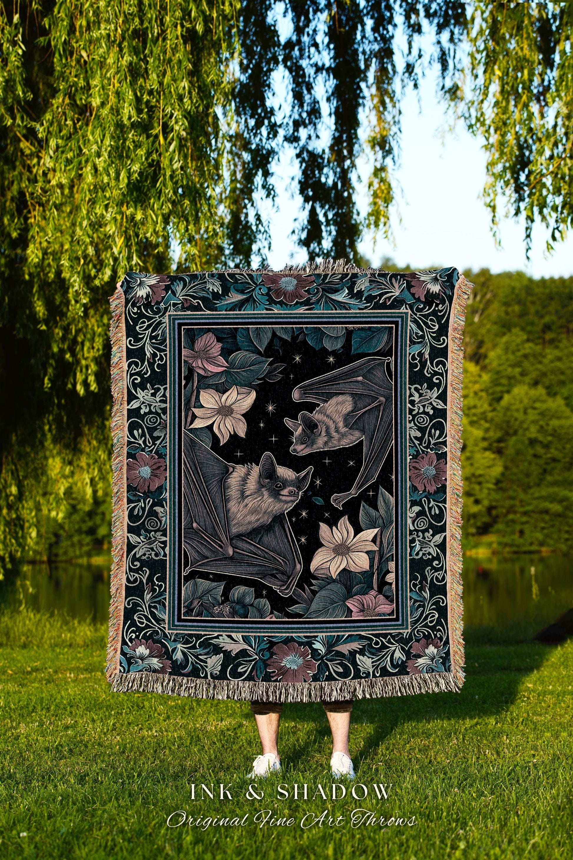 Moody Dark Acedemia Tapestry Bat Blanket Woven Throw Goth Decor | Antique Aesthetic Dark Botanical Bat Art Floral Gothic Victorian Decor