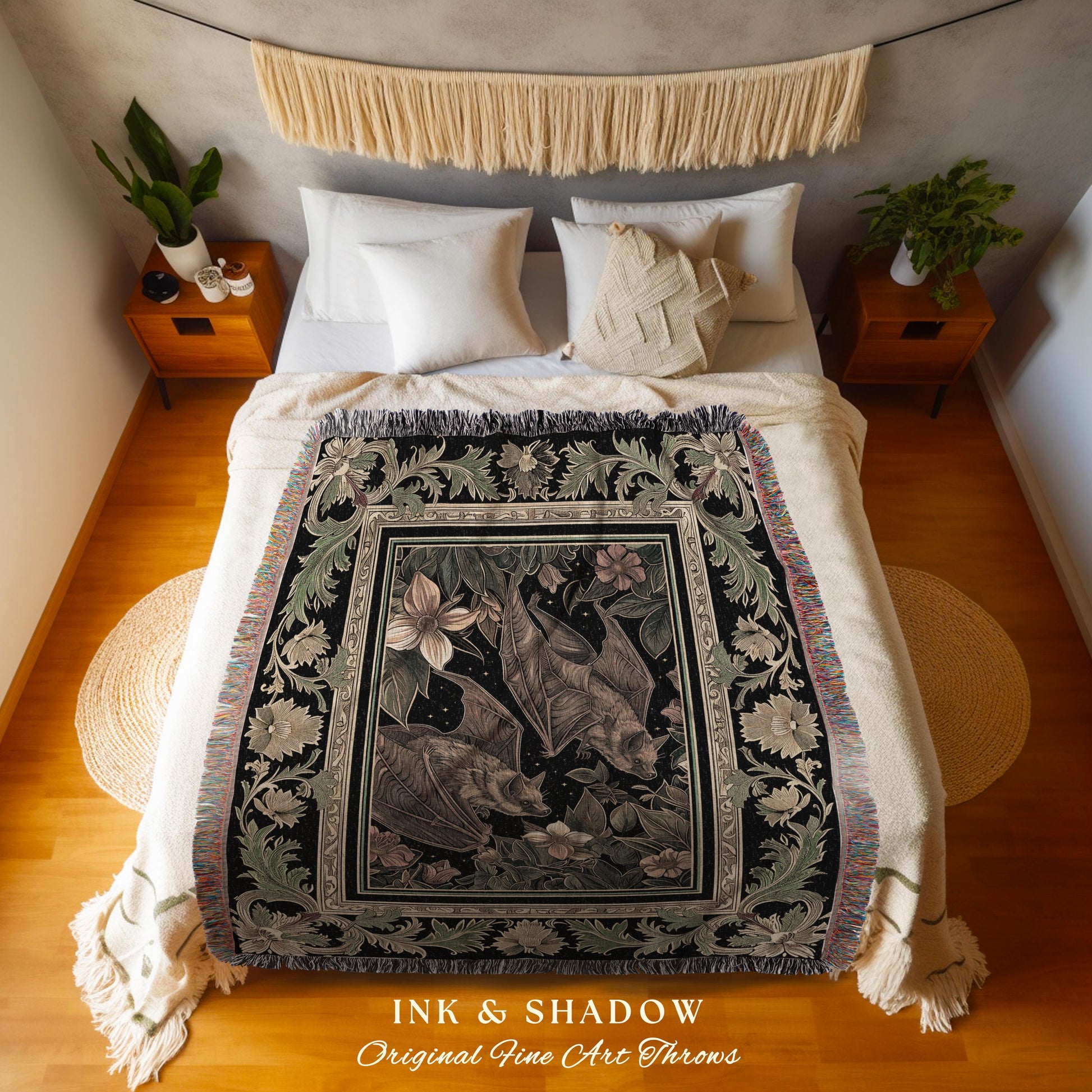 Goblincore Bat Lovers Tapestry Blanket Gothic Cottagecore, Dark Woodland Art Ethereal Botanical Woven Throw Grunge Fairycore Forest Decor