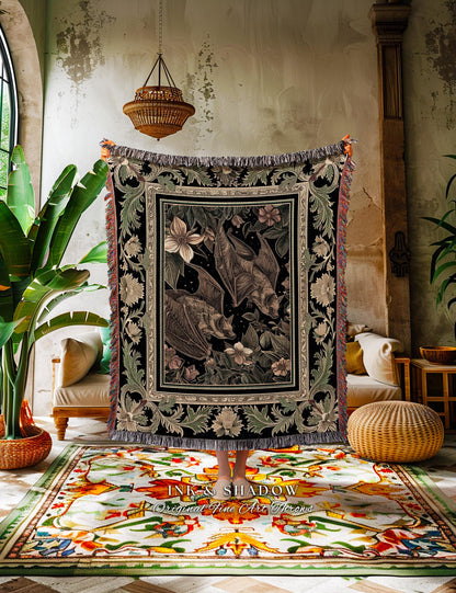 Goblincore Bat Lovers Tapestry Blanket Gothic Cottagecore, Dark Woodland Art Ethereal Botanical Woven Throw Grunge Fairycore Forest Decor