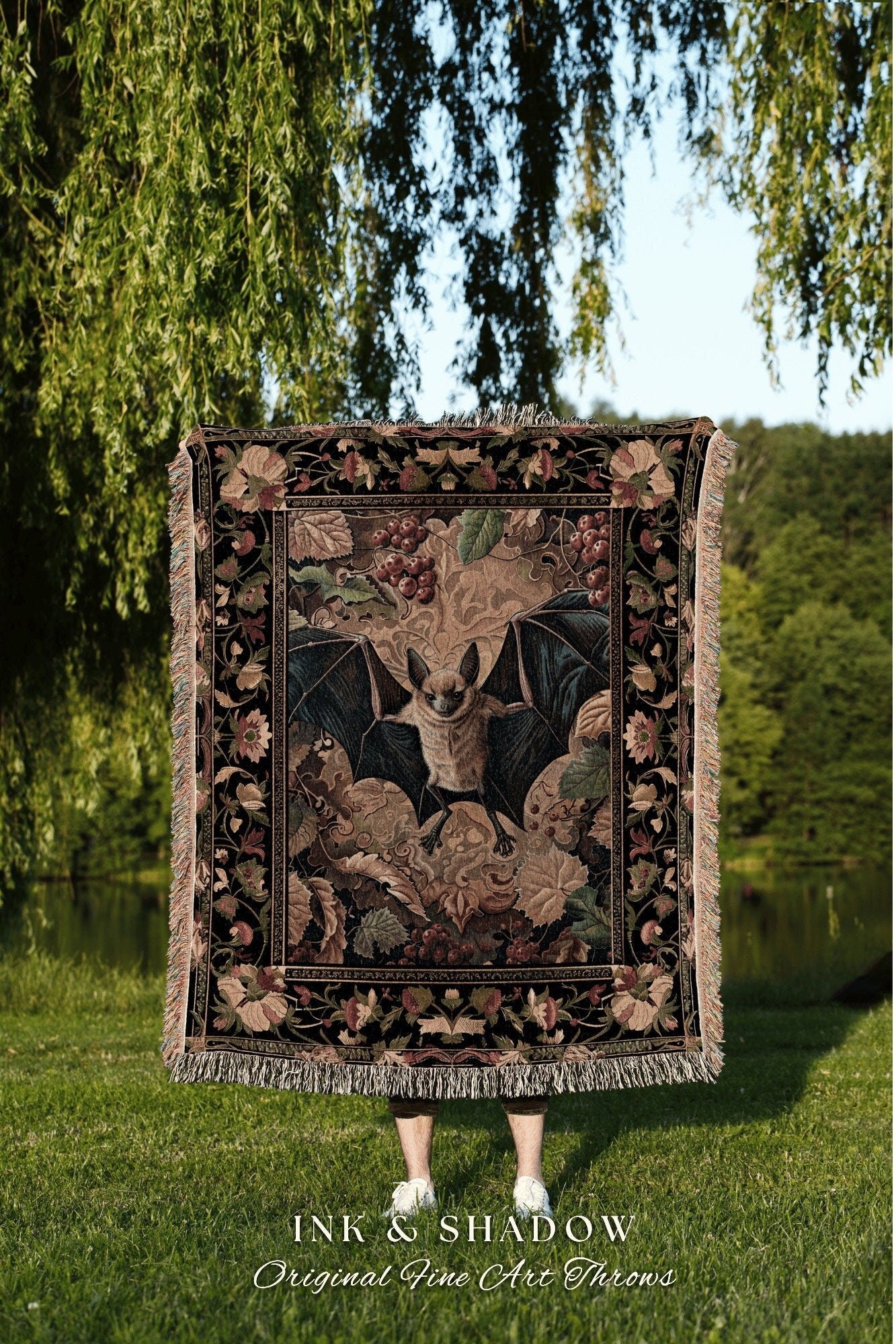 Ornate Floral Gothic Bat Women Throw Blanket Forestcore Fall Aesthetic Decor | Victorian Tapestry Wall Art Bedroom Decor Bat Whimsical Art