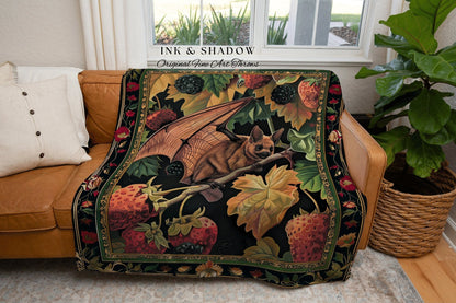 Colorful Room Accent Gothic Bat Throw Woodland Throw Blanket Dark Botanical Decor Housewarming Gift Bat Lover Wall Art Whimsigoth Victorian