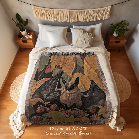 Gothic Cottagecore Bat Blanket Woodland Cottagegoth | Autumn Aesthetic Woven Tapestry Throw Whimsical Strawberry Bat Boho Fairycore Decor