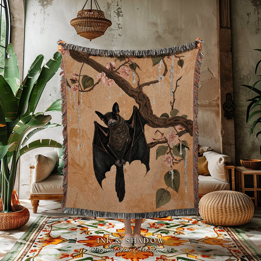 Boho Gothic Bat Tapestry Blanket | Floral Cottagecore Tapestry Crowcore Wall Art Bedroom Decor Woodland Bat Colorful Wall Art Victorian |