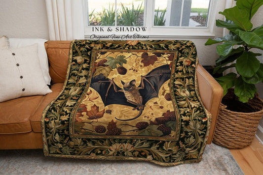 Bat Lover Maximalist Throw Blanket | Whimsical Gothic Cottagecore Blanket Woven Throw Witch Aesthetic Bedroom Woodland Ethereal Botanical