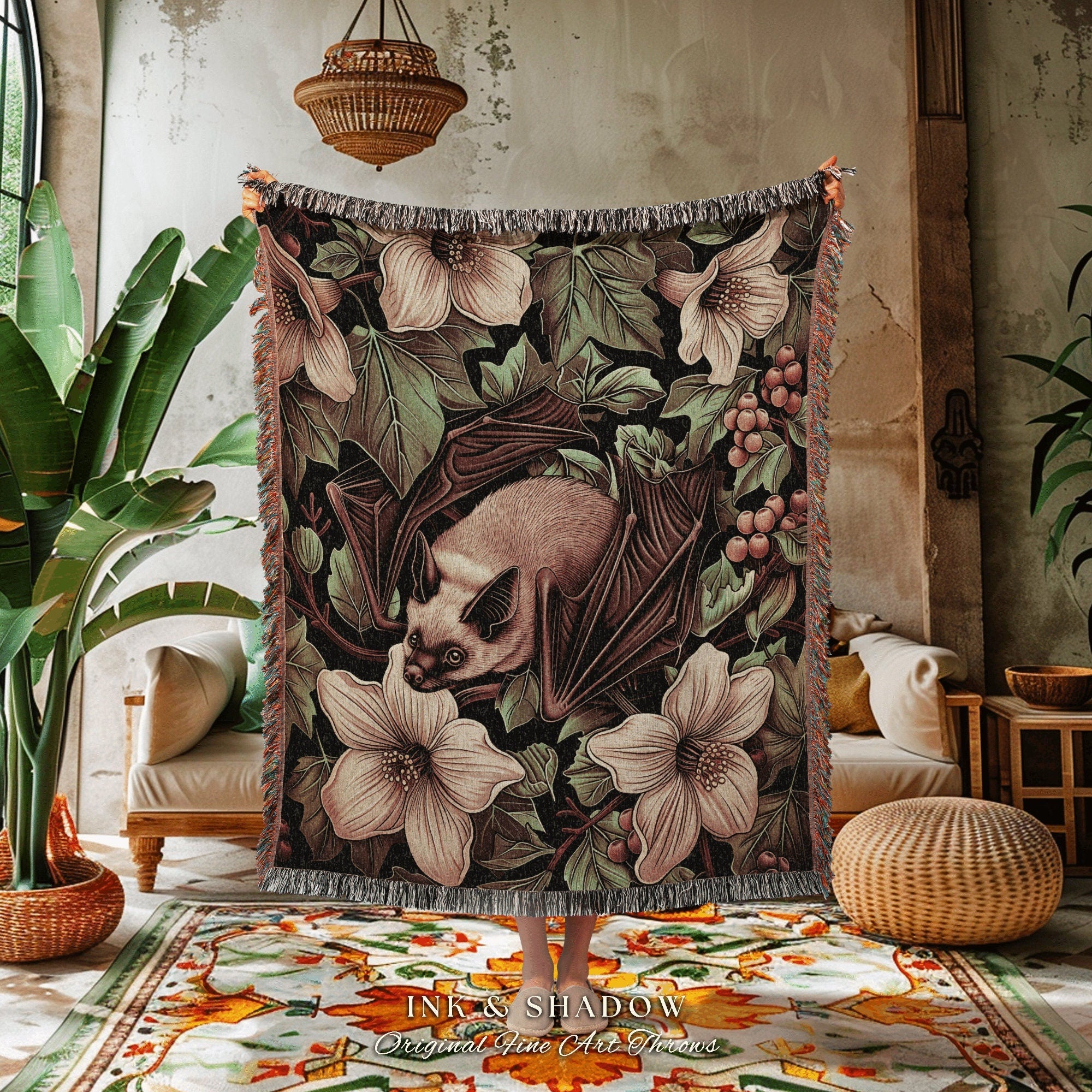 Woodland Floral Bat Picnic Blanket | Cottagecore Blanket Woven