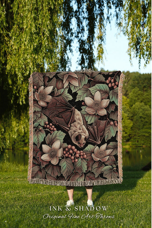 Floral Bat Throw Blanket for Moody Bedroom | Cottagecore Blanket Woven Throw Victorian Wall Art Bedroom Decor Woodland Bat Art Ethereal |