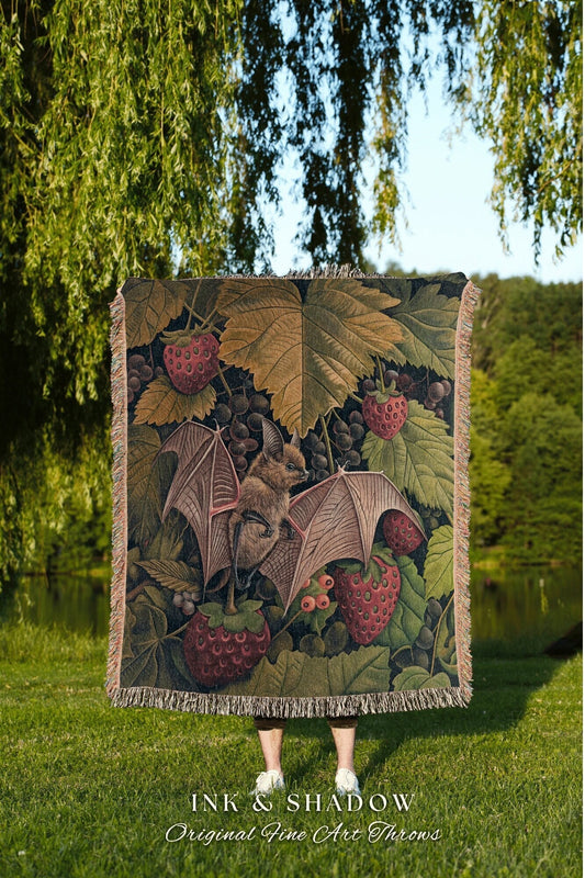 Strawberry Bat Throw Blanket Woven | Whimsical Gothic Cottagecore Blanket Woven Throw Witchy Aesthetic Bedroom Woodland Ethereal Botanical |