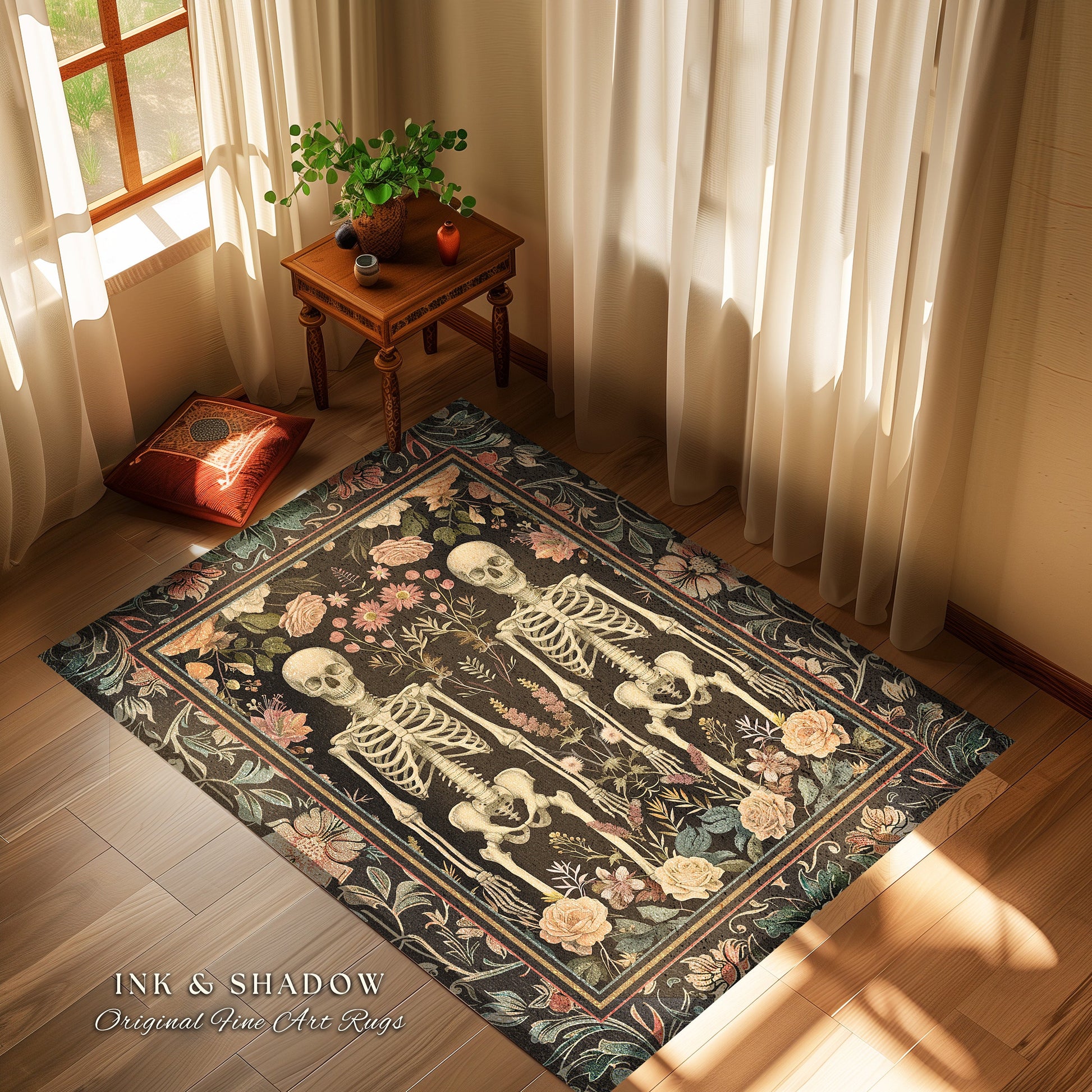 Boho Fairycore Floral Gothic Skeleton Rug | Soft Cottagecore Skeleton Lovers Gift Botanical Boho Area Rug Light Academia Fairycore Decor Rug