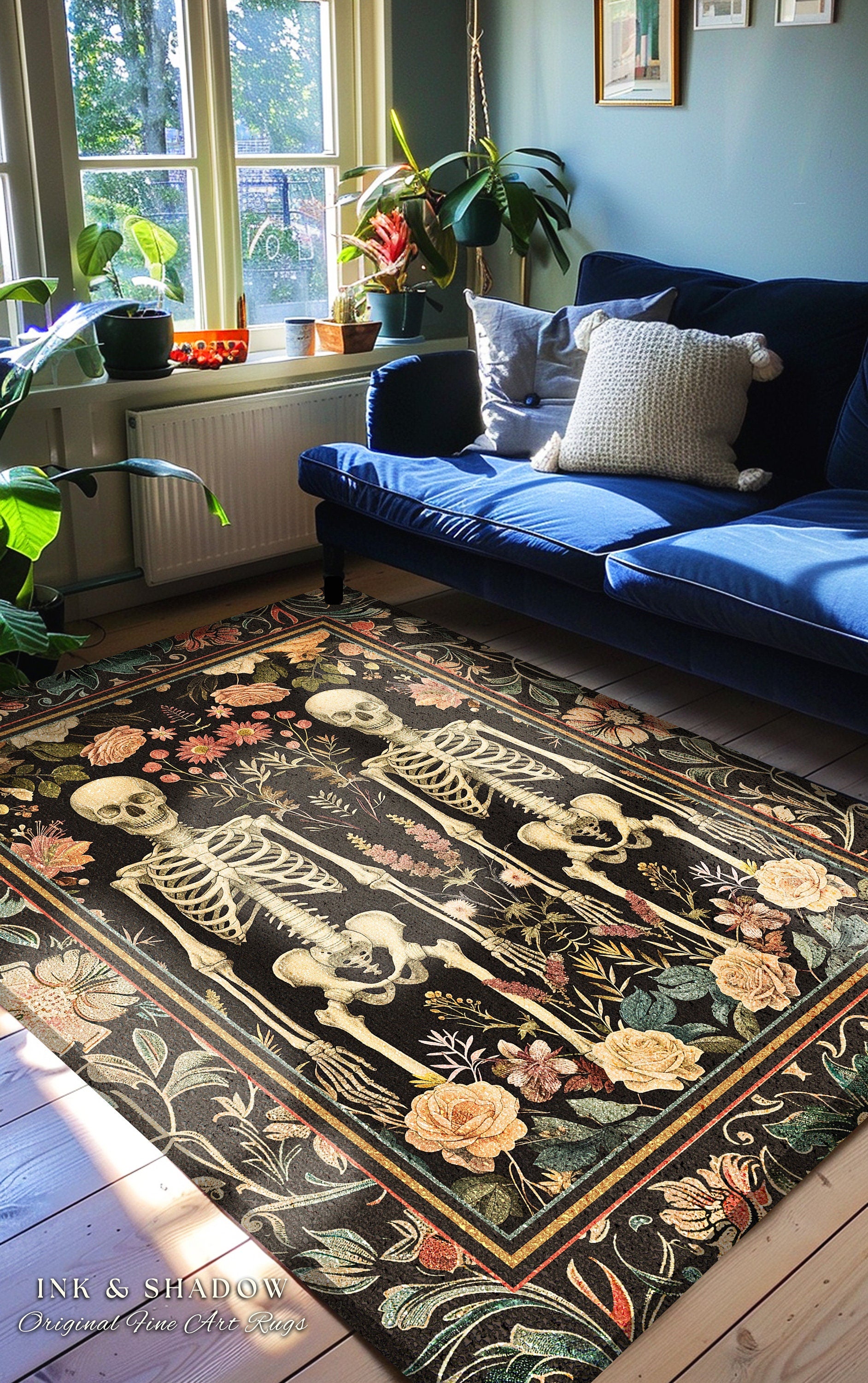 Boho Fairycore Floral Gothic Skeleton Rug | Soft Cottagecore Skeleton Lovers Gift Botanical Boho Area Rug Light Academia Fairycore Decor Rug