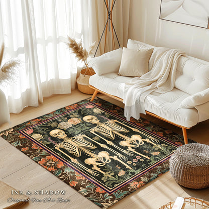 Floral Whimsigoth Skeleton Rug Dark Academia Decor | Dark Moody Botanical Skeleton Art Goth Rug Housewarming Gift Victorian Witchy Room Rug