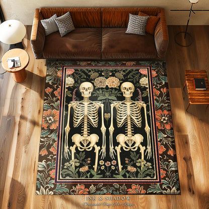 Floral Whimsigoth Skeleton Rug Dark Academia Decor | Dark Moody Botanical Skeleton Art Goth Rug Housewarming Gift Victorian Witchy Room Rug