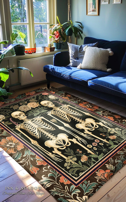 Floral Whimsigoth Skeleton Rug Dark Academia Decor | Dark Moody Botanical Skeleton Art Goth Rug Housewarming Gift Victorian Witchy Room Rug