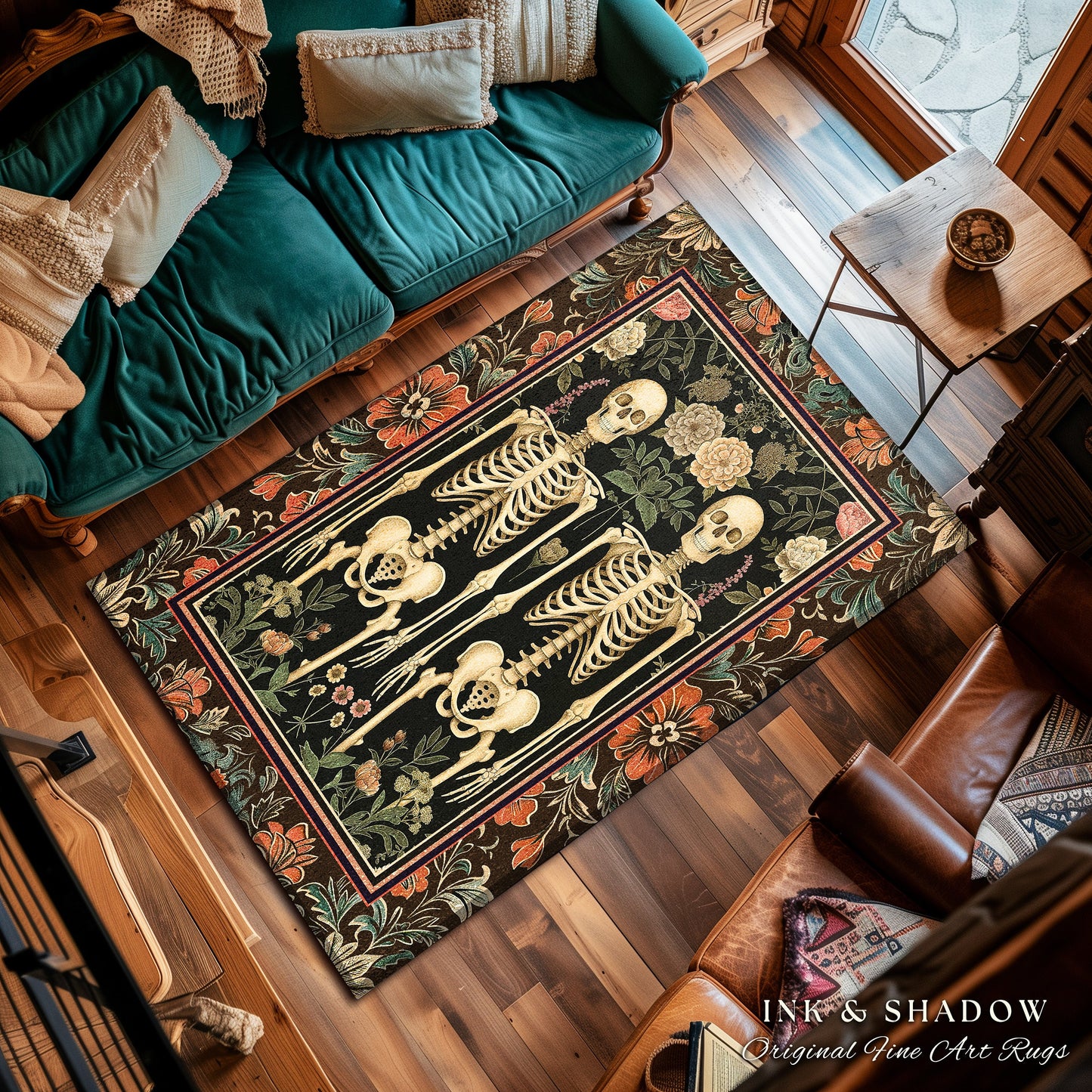 Floral Whimsigoth Skeleton Rug Dark Academia Decor | Dark Moody Botanical Skeleton Art Goth Rug Housewarming Gift Victorian Witchy Room Rug