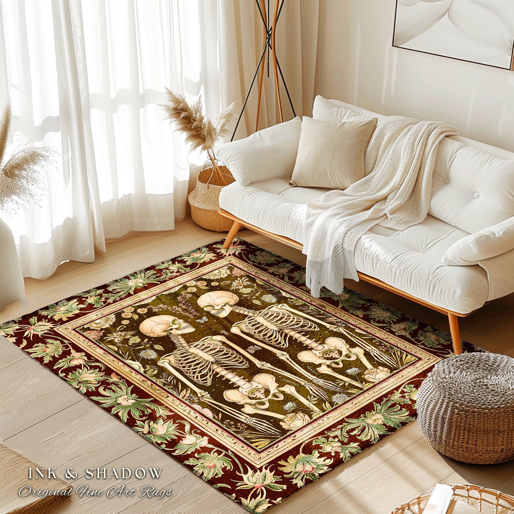 Whimsical Skeleton Rug Boho Book Nook Decor | Dark Academia Vintage Aesthetic Rug Skeleton Art Gift for Goths Grunge Fairycore Room Decor