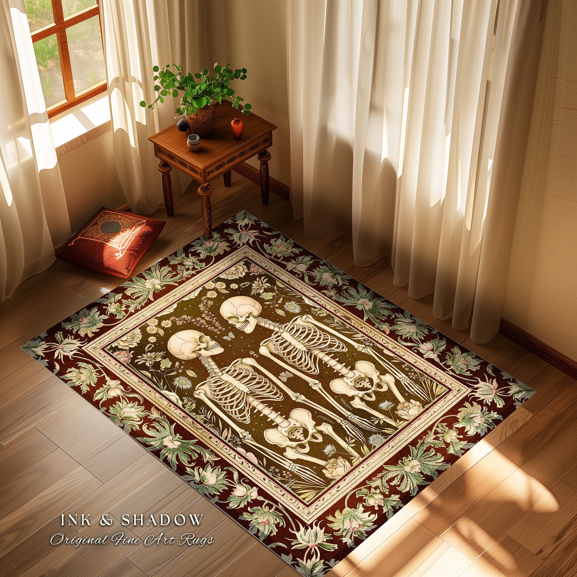 Whimsical Skeleton Rug Boho Book Nook Decor | Dark Academia Vintage Aesthetic Rug Skeleton Art Gift for Goths Grunge Fairycore Room Decor