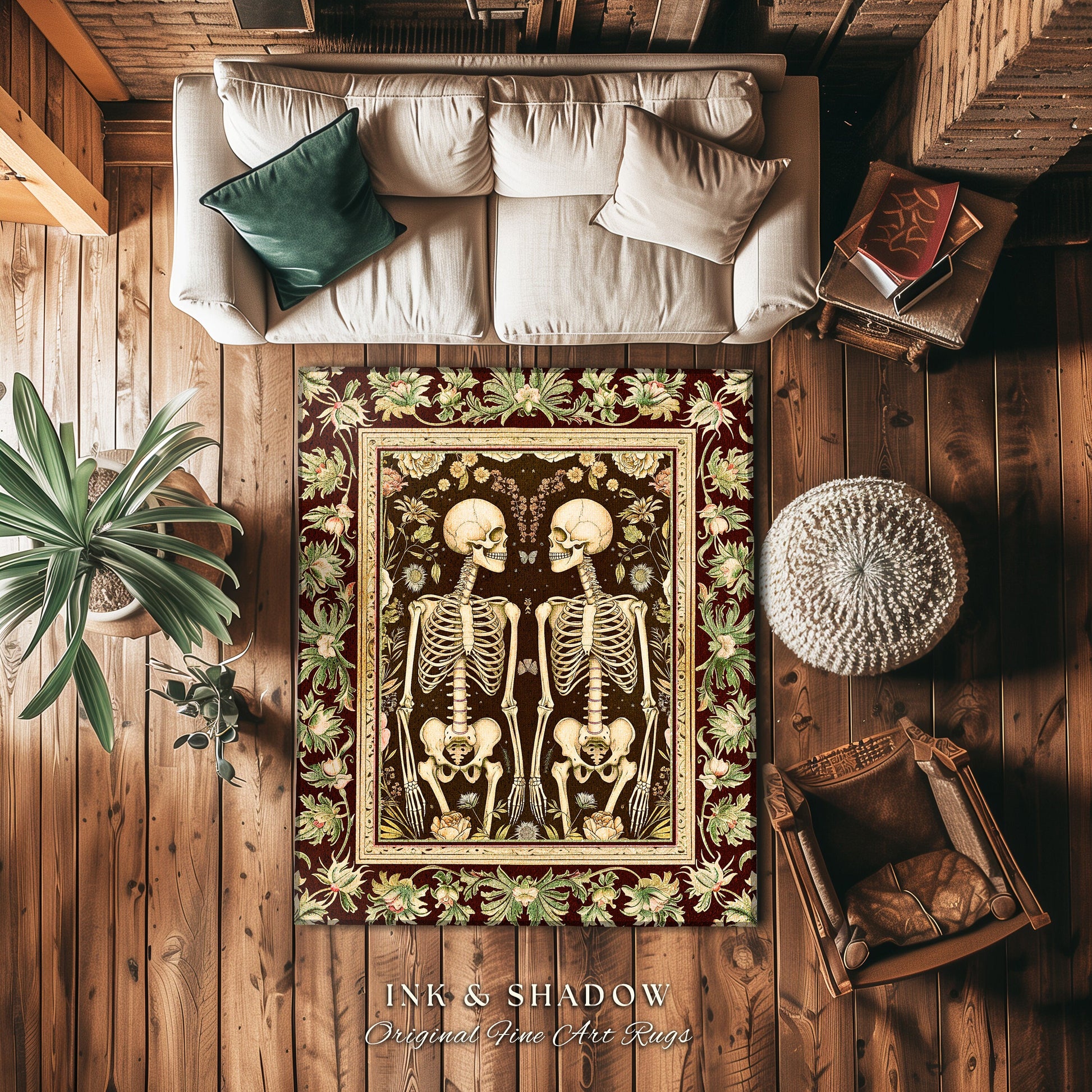 Whimsical Skeleton Rug Boho Book Nook Decor | Dark Academia Vintage Aesthetic Rug Skeleton Art Gift for Goths Grunge Fairycore Room Decor