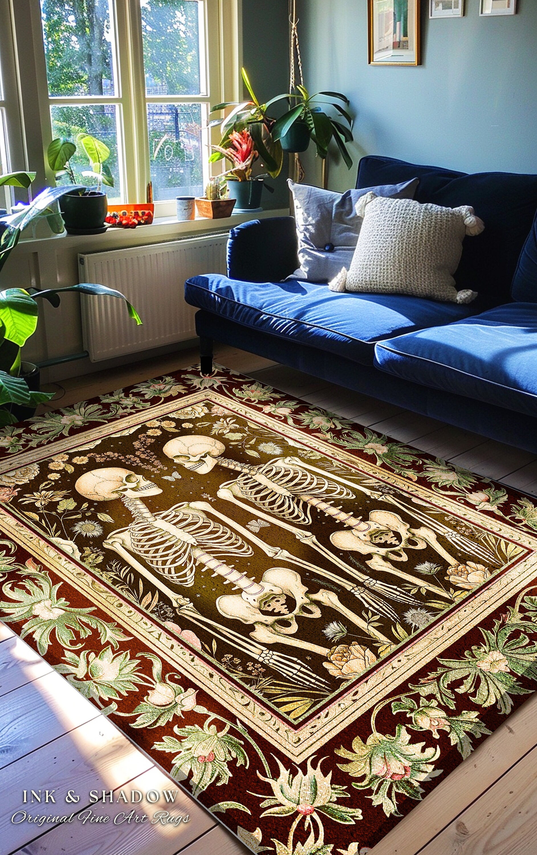 Whimsical Skeleton Rug Boho Book Nook Decor | Dark Academia Vintage Aesthetic Rug Skeleton Art Gift for Goths Grunge Fairycore Room Decor