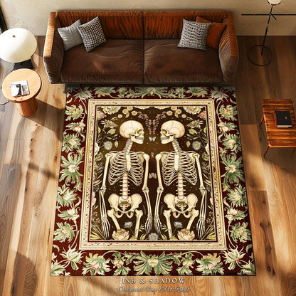 Whimsical Skeleton Rug Boho Book Nook Decor | Dark Academia Vintage Aesthetic Rug Skeleton Art Gift for Goths Grunge Fairycore Room Decor