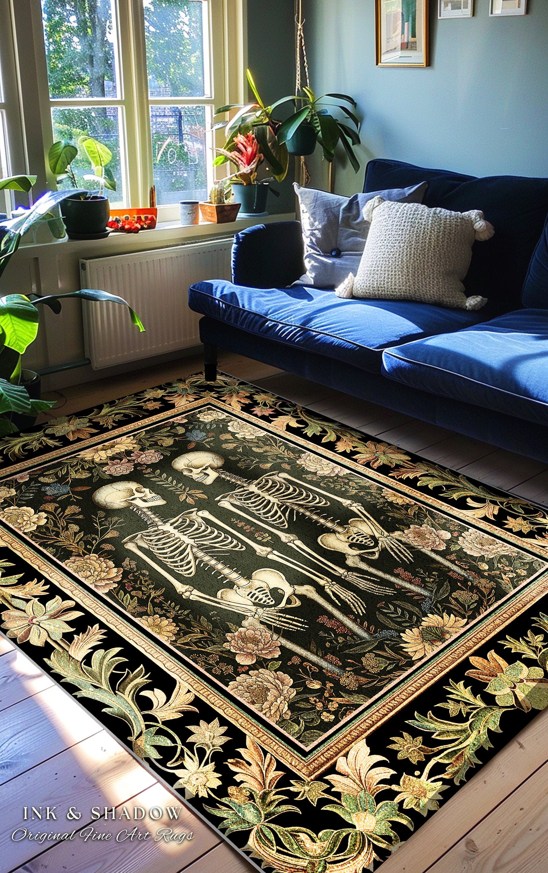 Light Academia Botanical Skeleton Art Rug for Bedroom | Victorian Gothic Skeleton Couple Gift Cottagecore Dark Floral Rug Witchy Room Decor