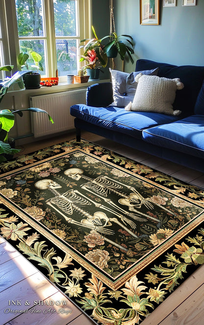 Light Academia Botanical Skeleton Art Rug for Bedroom | Victorian Gothic Skeleton Couple Gift Cottagecore Dark Floral Rug Witchy Room Decor