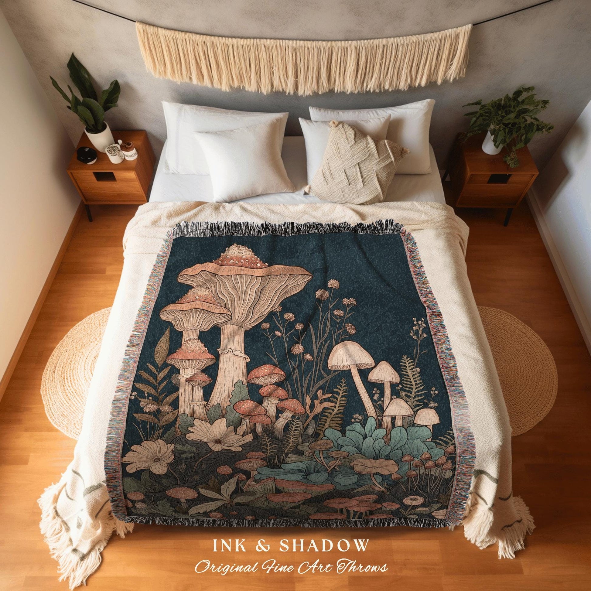 Whimsical Mushroom Forest Blanket | Woven Throw Gift for Mushroom Lover Whimsical Retro Style Reading Nook Aesthetic Magical Aesthetic Decor