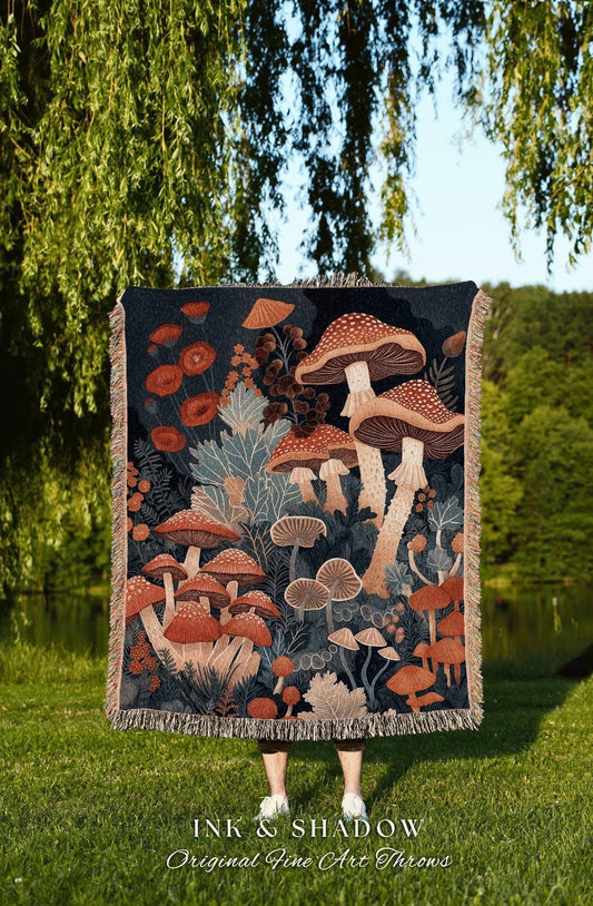 Fungi Forest Cottagecore Blanket | Woven Throw Gift for Mushroom Lover Whimsical Retro Style Reading Nook Aesthetic Magical Aesthetic Decor