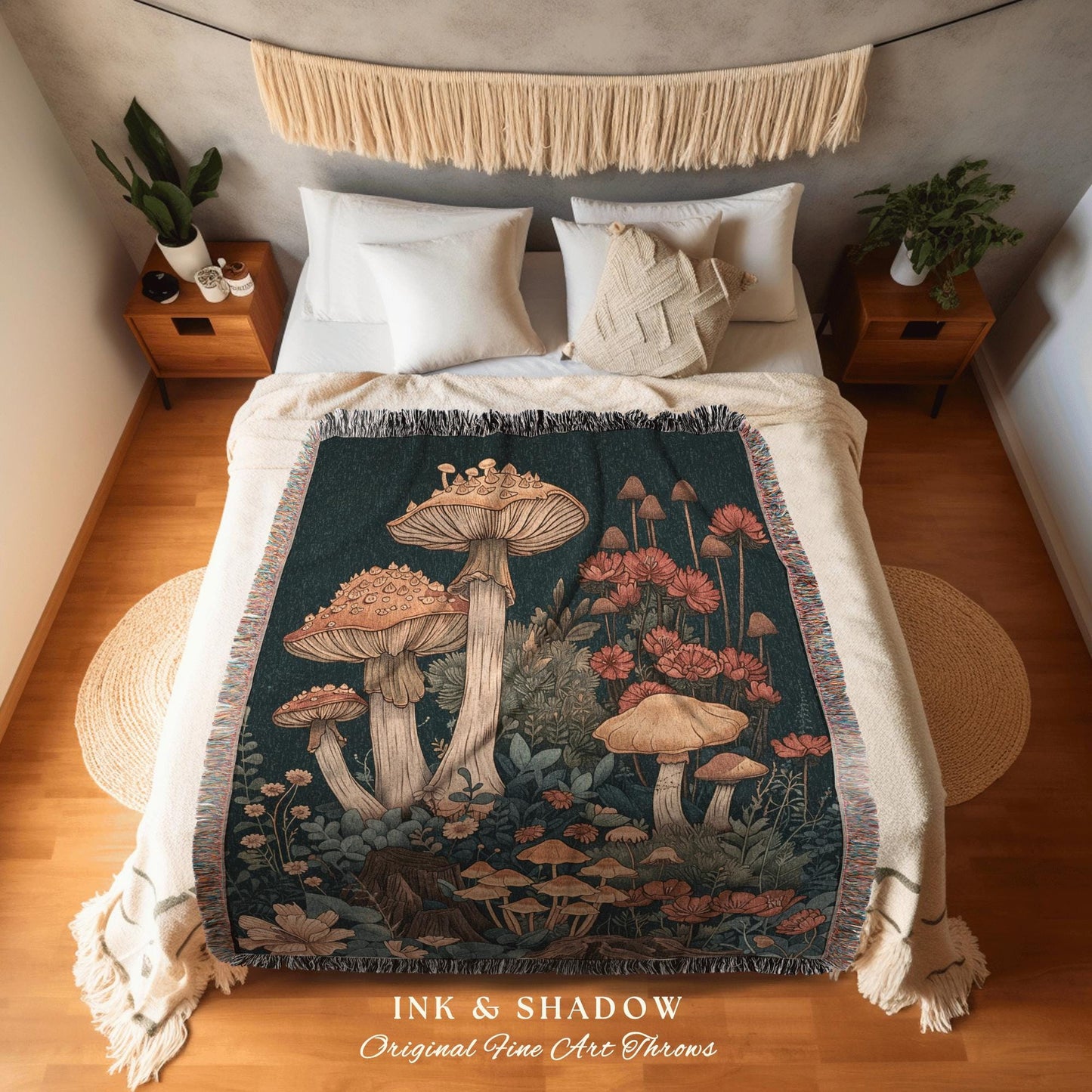 Fairy Aesthetic Woven Blanket | Woven Throw Gift for Mushroom Lover Whimsical Witchy Decor Boho Reading Nook Magical Cottagecore Toadstool |