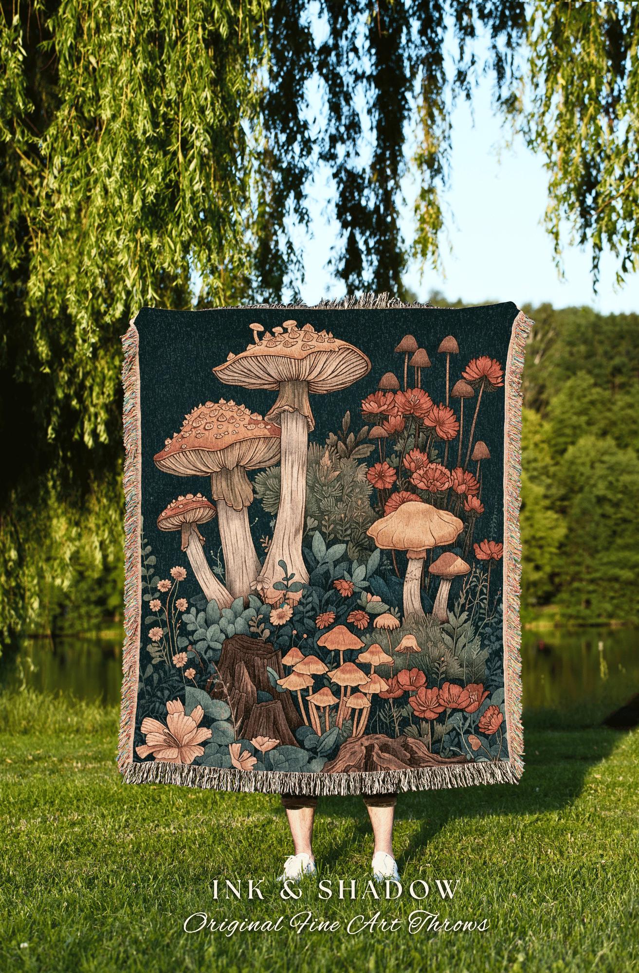 Fairy Aesthetic Woven Blanket | Woven Throw Gift for Mushroom Lover Whimsical Witchy Decor Boho Reading Nook Magical Cottagecore Toadstool |