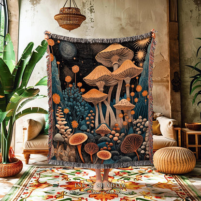 Mystic Mushroom Blanket Woven | Eclectic Throw Gift for Mushroom Lover Whimsical Room Retro Style Reading Nook Aesthetic Toadstool Aesthetic