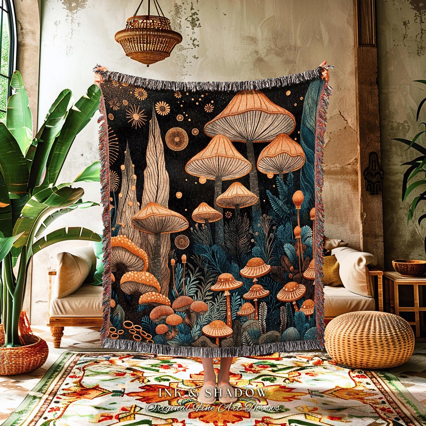 Witchy Mushroom Woven Tapestry | Throw Blanket Gift for Mushroom Aesthetic Whimsical Witchy Decor Reading Nook Magical Woodland Gothic