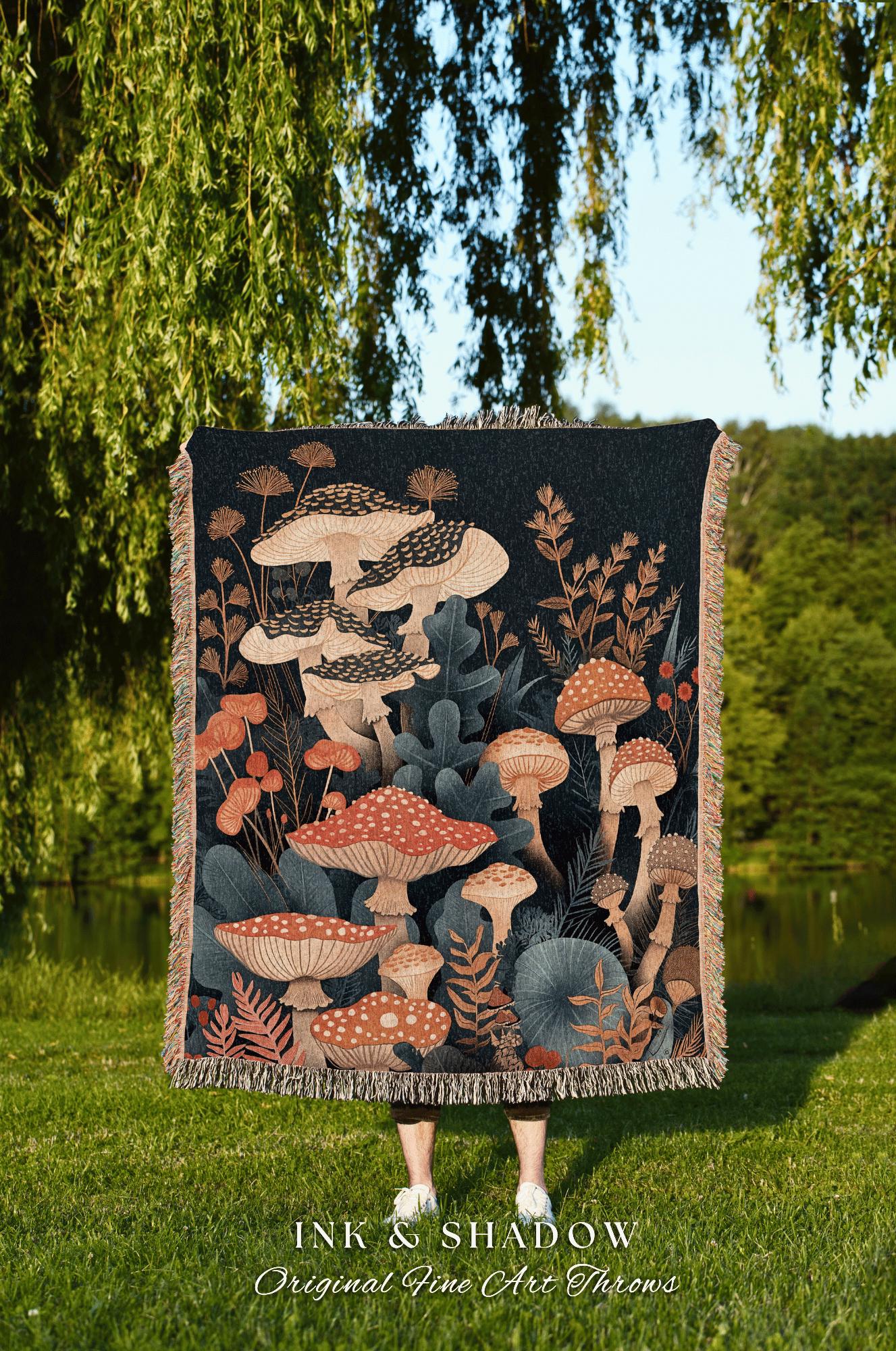 Dark Botanical Mushroom Blanket | Throw Gift for Mushroom Aesthetic Whimsical Witchy Decor Reading Nook Magical Woodland Gothic Eclectic |