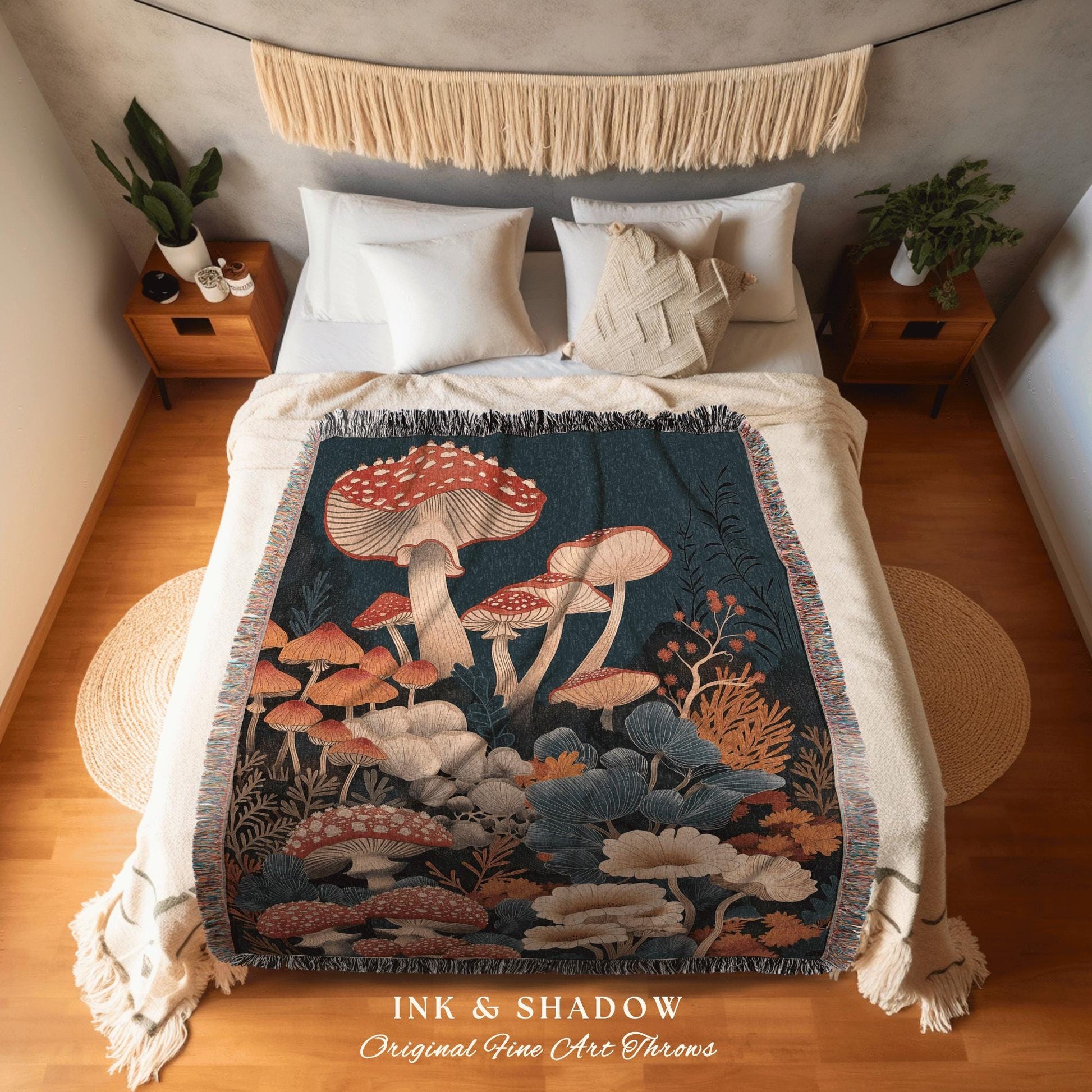 Cozy Mushroom Throw Blanket | Woven Throw Gift for Mushroom Lover Whimsical Retro Style Reading Nook Aesthetic Magical Aesthetic Decor |