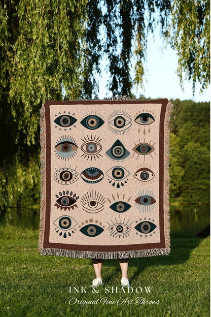 Evil Eye Woven Tapestry Blanket | Mystical Woven Throw Celestial Room Decor Evil Eye Protection Blanket Boho Tarot Tapestry Whimsigoth Decor