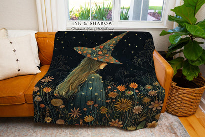 Whimsigothic Witchy Woven Wildflower Throw Celestial Cottagecore Decor | Whimsical Vintage Aesthetic Witch Tapestry Blanket Gothic Fairycore