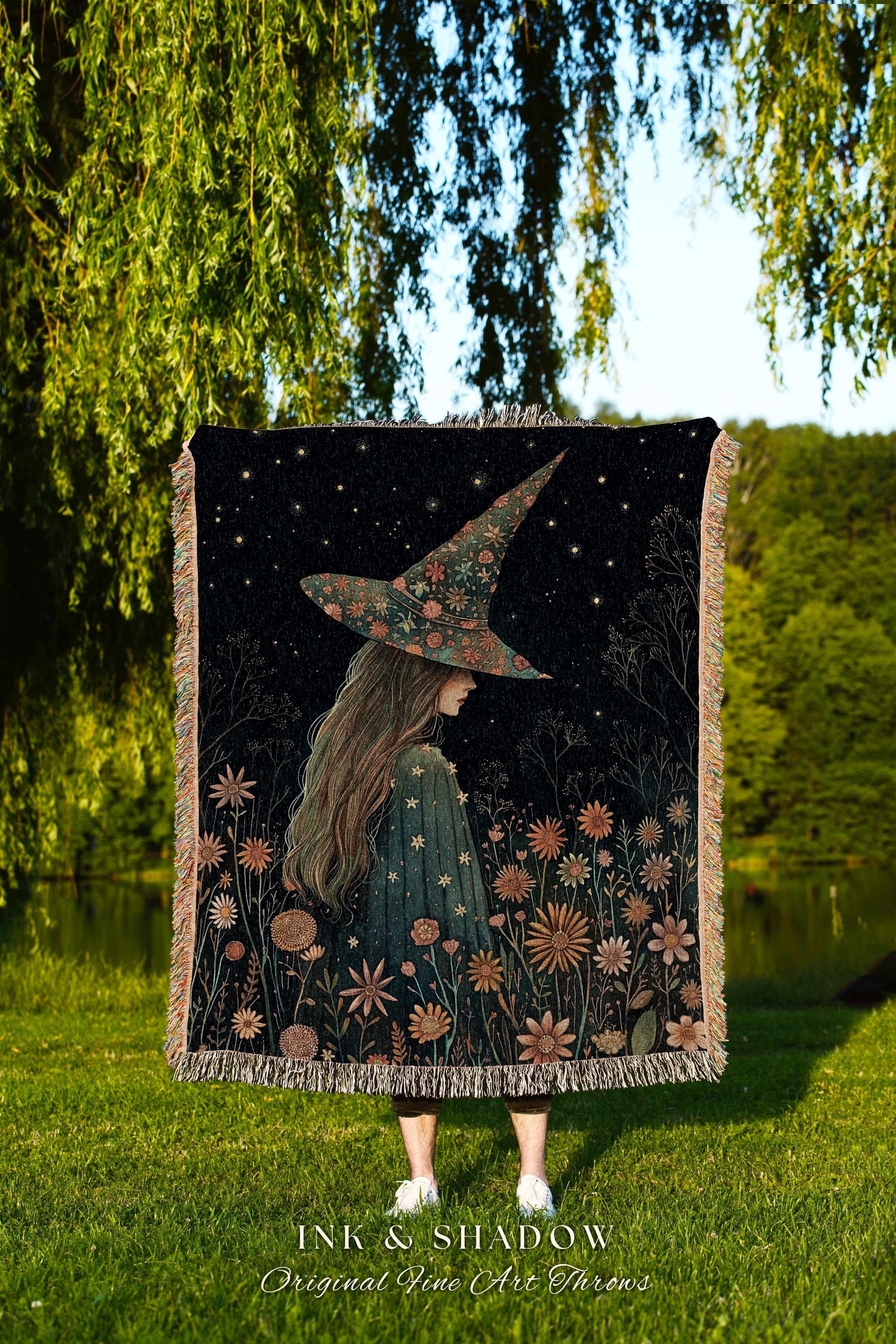 Whimsigothic Witchy Woven Wildflower Throw Celestial Cottagecore Decor | Whimsical Vintage Aesthetic Witch Tapestry Blanket Gothic Fairycore