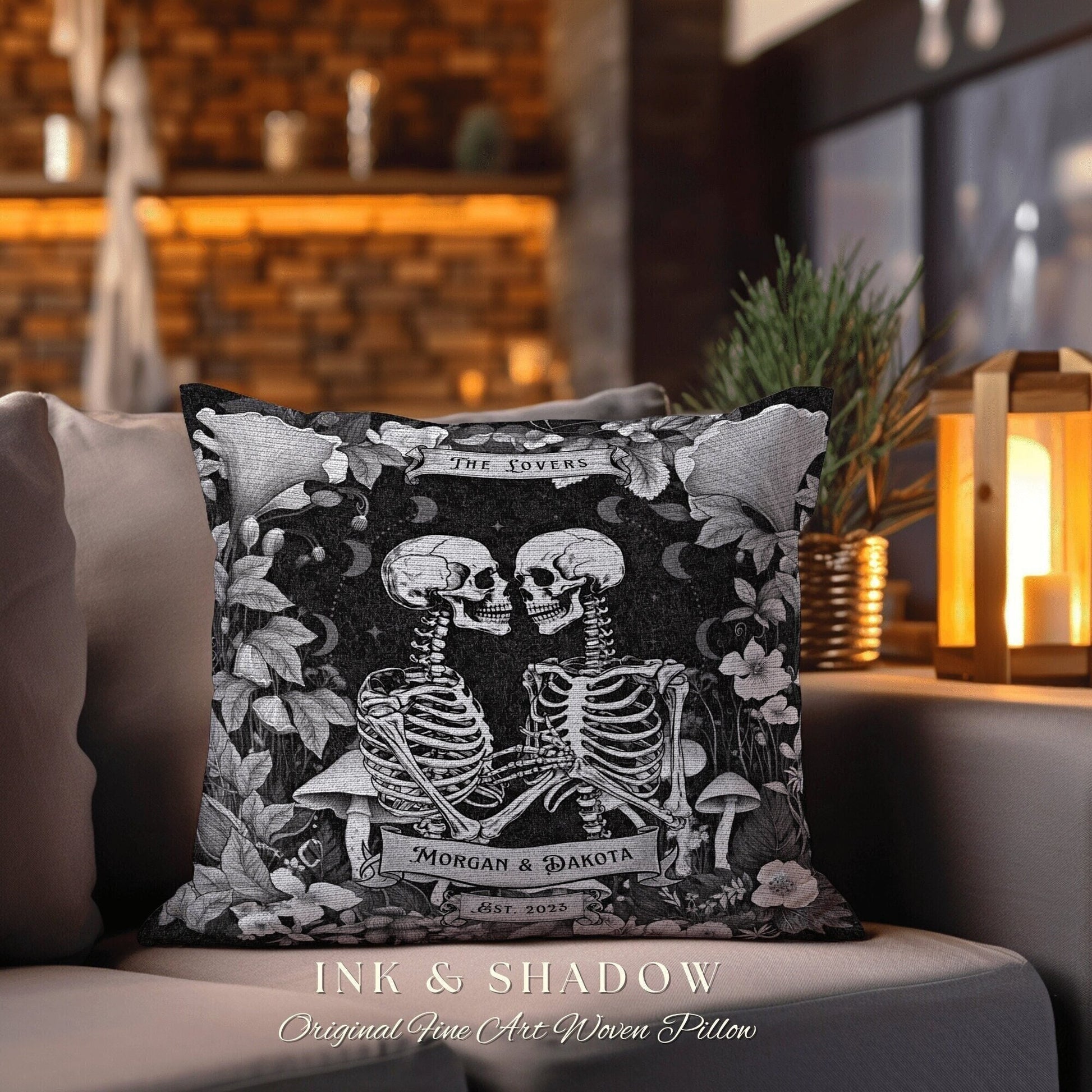 Tarot Lovers Skeleton Couple Pillow Woven | Cottagecore Decor Custom Anniversary Meaningful Gift for Couple Housewarming Gift Skeleton Lover