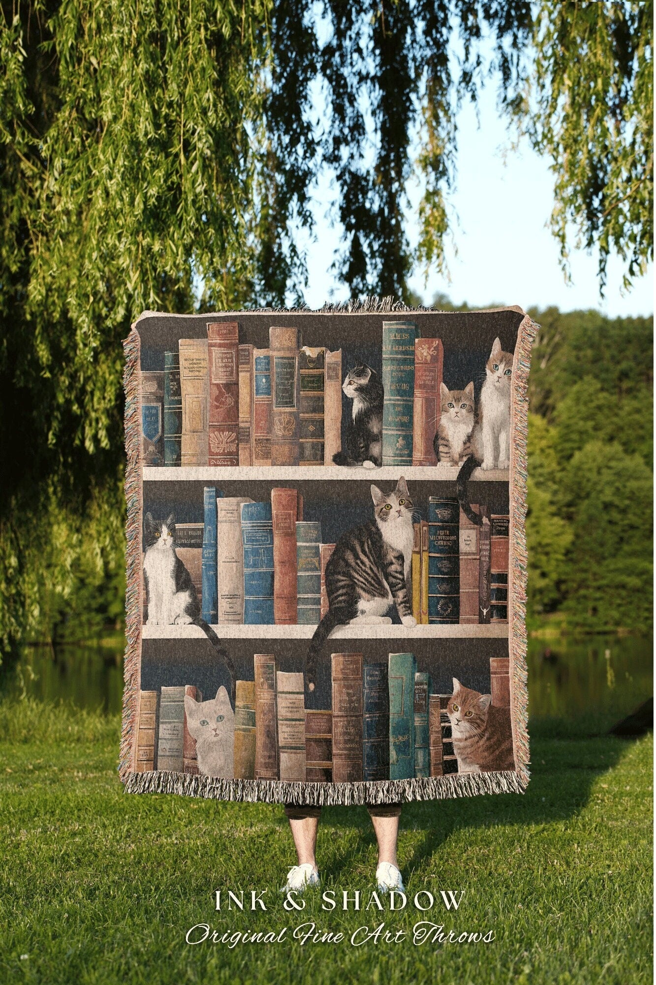 Woven Tapestry Cat Bookshelf | Gift for Reading Corner Cat Lover Blanket Mystic Room Decor Dark Botanical Woven Wall Art Bookshelf Wall Art