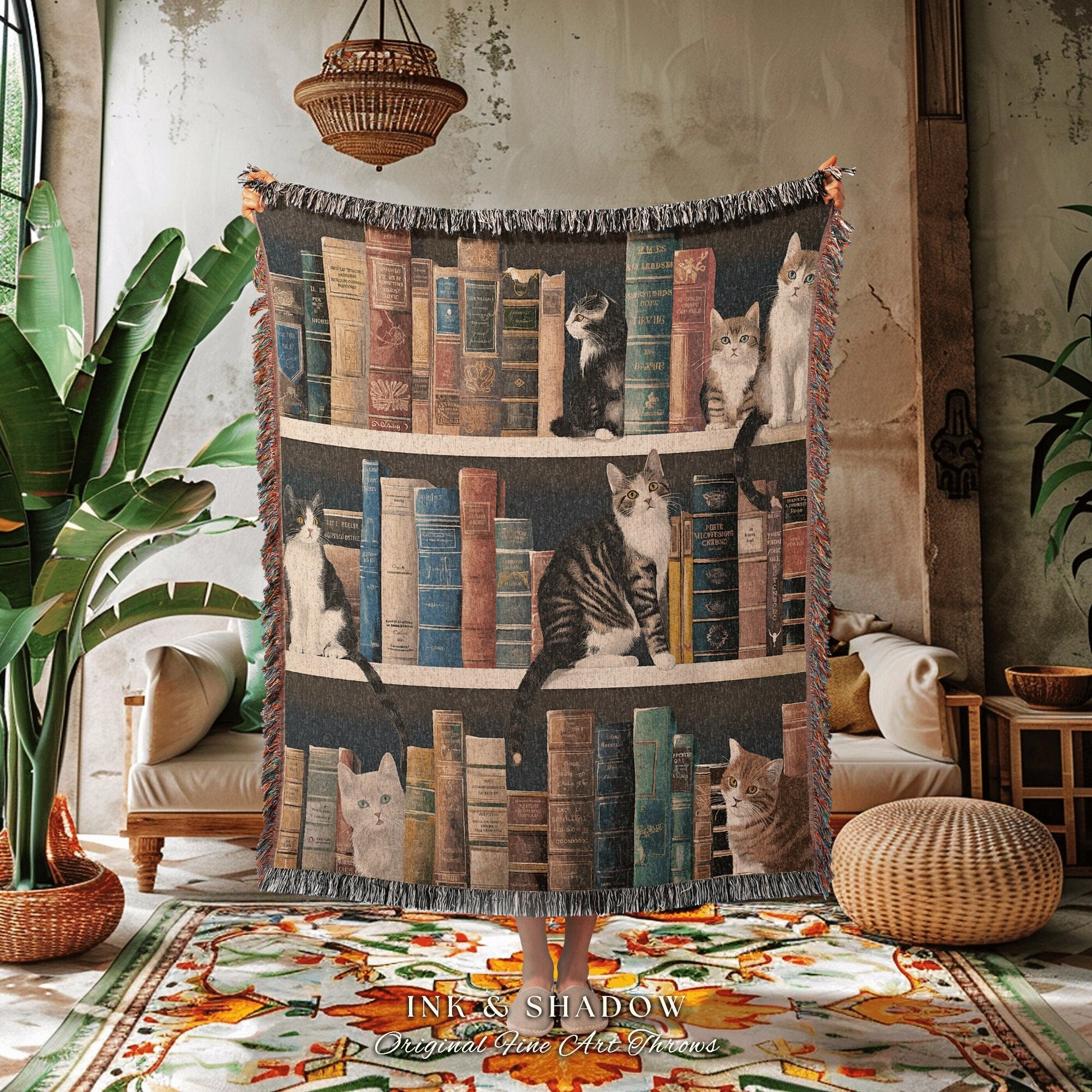 Woven Tapestry Cat Bookshelf | Gift for Reading Corner Cat Lover Blanket Mystic Room Decor Dark Botanical Woven Wall Art Bookshelf Wall Art