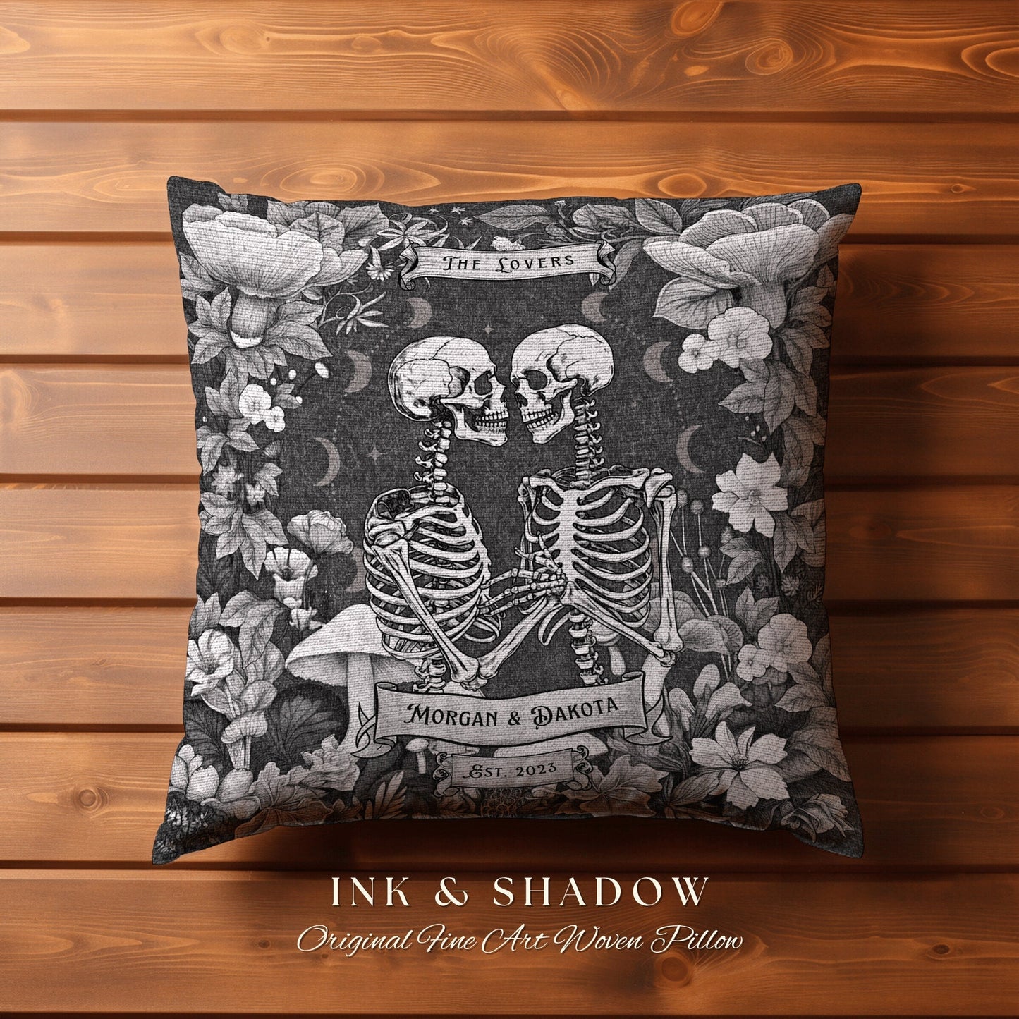 Celestial Decor Custom Woven Pillow | Gothic Decor Custom Anniversary Meaningful Gift for Couple Housewarming Gift Skeleton Lovers Tarot |