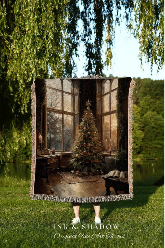 Holiday Woven Blanket | Vintage Christmas Tree Painting Blanket Woven Tapestry Winter Holiday Decor Snowy Landscape Vintage Home Decor Xmas