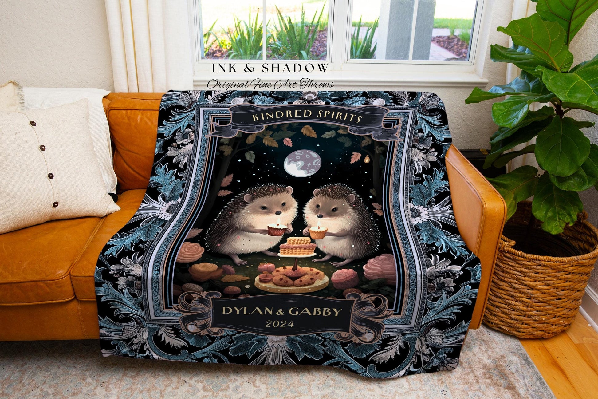 Moon Celestial Hedgehog Lovers Tapestry Blanket Dark Forestcore Mystic Aesthetic | Woodland Wedding Gift Custom Anniversary Cotton Blanket