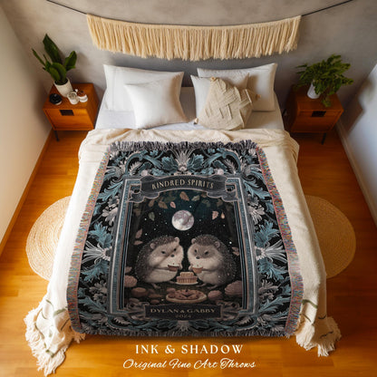 Moon Celestial Hedgehog Lovers Tapestry Blanket Dark Forestcore Mystic Aesthetic | Woodland Wedding Gift Custom Anniversary Cotton Blanket