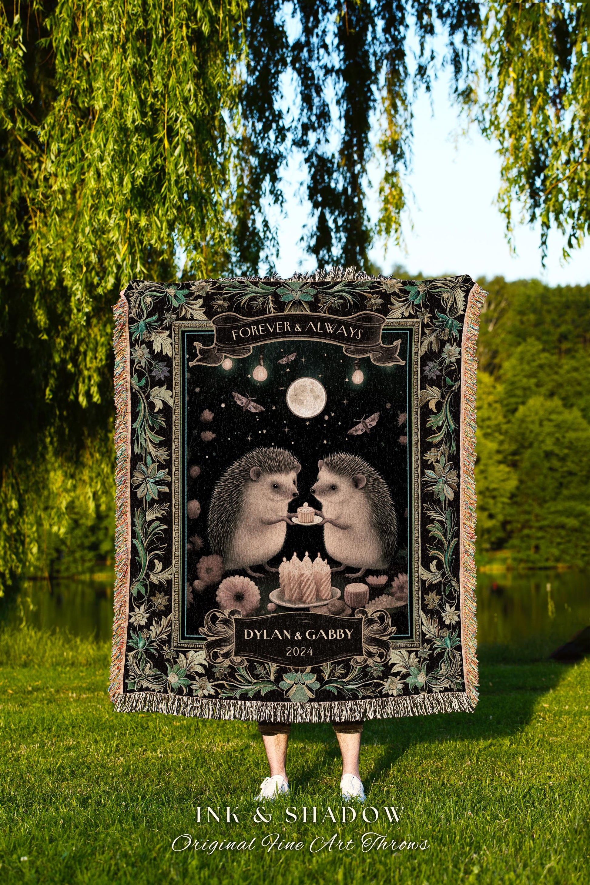 Mystic Forestcore Hedgehog Lovers Anniversary Gift for Couples | Dark Woodand Celestial Wedding Blanket Cozy Personalized Keepsake Gift