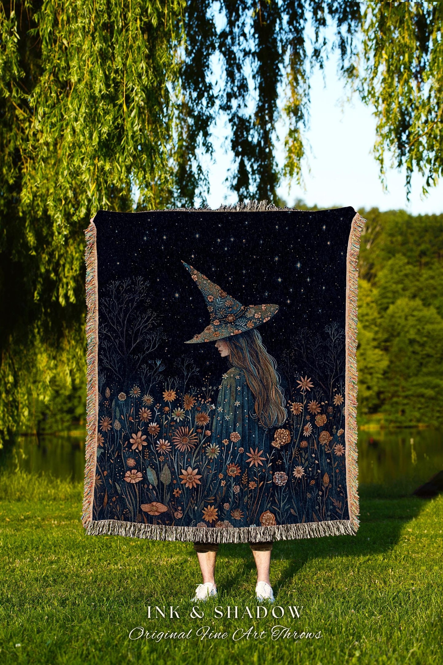 Moody Dark Fairycore Night Witchy Woven Throw Cottagecore Decor | Whimsical Cottagegoth Witch Floral Forestcore Mystic Art Tapestry Blanket
