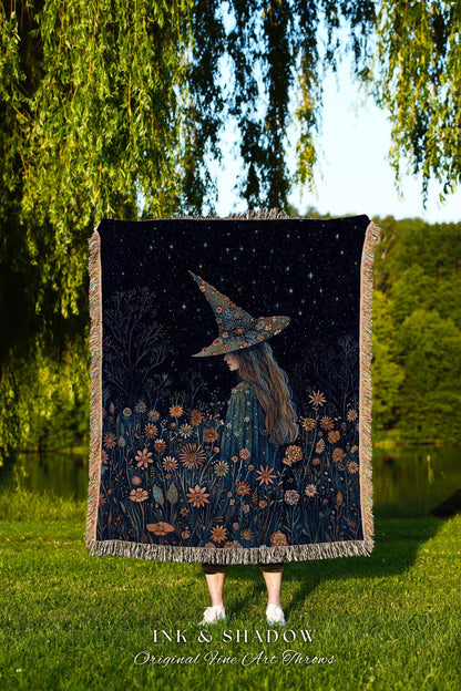 Moody Dark Fairycore Night Witchy Woven Throw Cottagecore Decor | Whimsical Cottagegoth Witch Floral Forestcore Mystic Art Tapestry Blanket