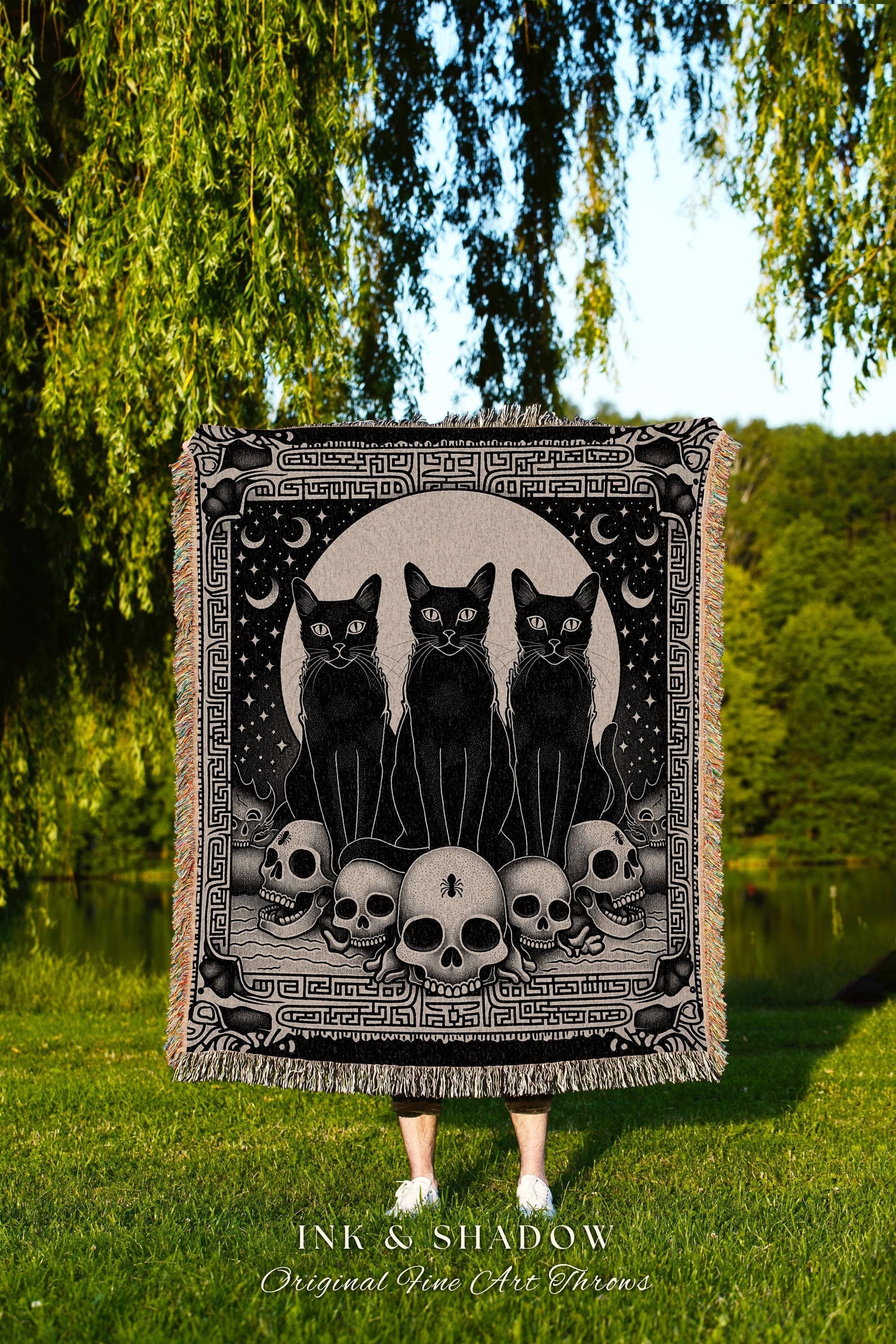 Mystic Black Cats Gothic Tapestry Blanket Dark Academia Skull Throw | Celestial Occult Aesthetic Cat Tapestry Urban Grunge Witchy Wall Art